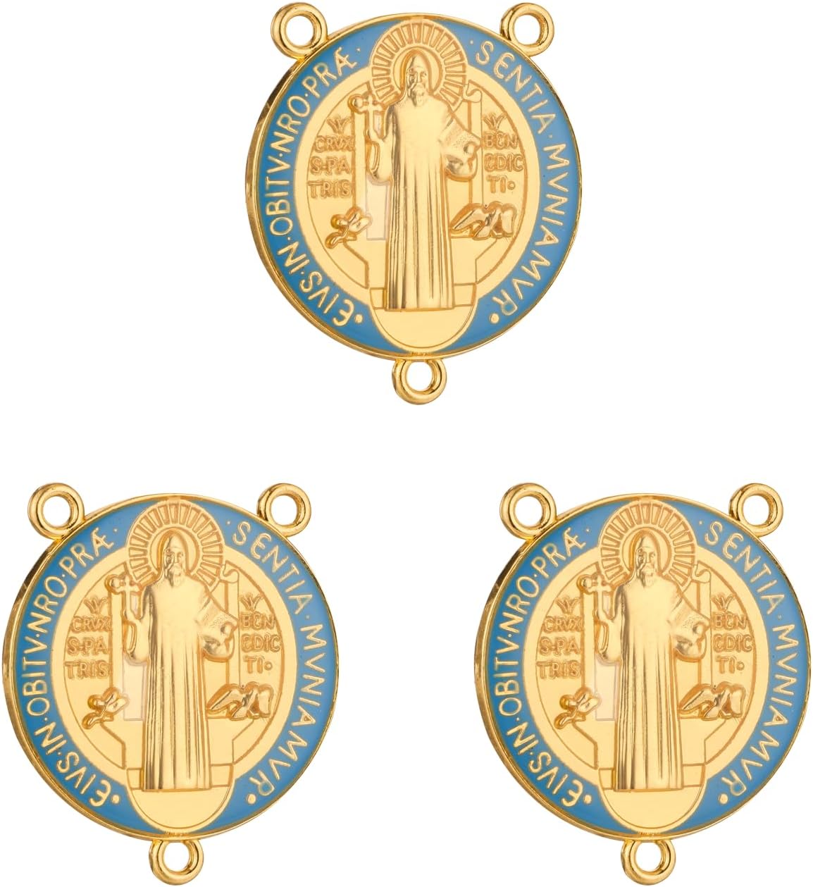 3-Hole IHS Holy Chalice/Holy Family/Jerusalem/Sacred Heart/Pope Francis/St.Benedict Medal Rosary Chaplet Connector Centerpieces Jewelry Making Parts (Blue Large St.Benedict Medal-3pcs)