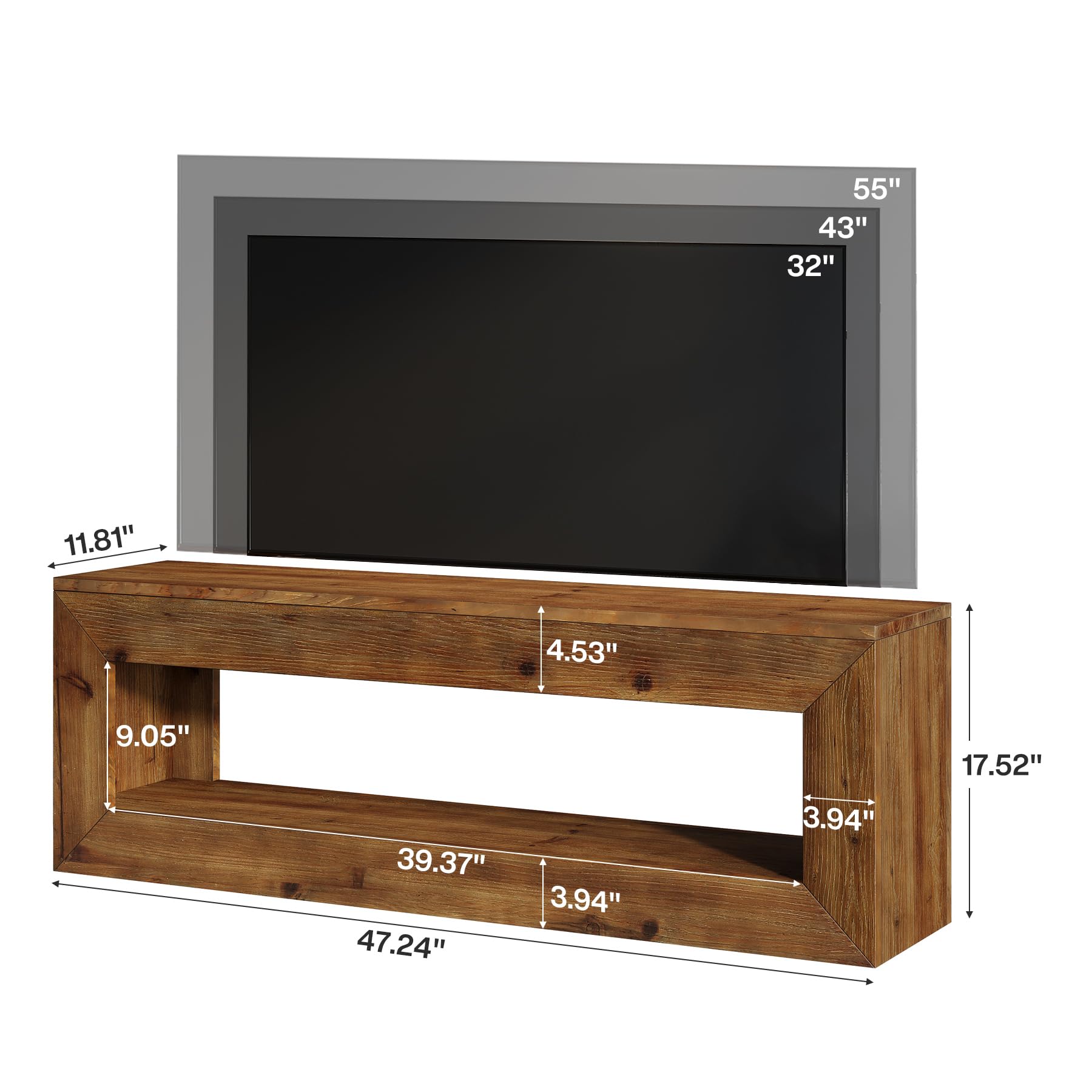 Meuble TV en Bois Massif, Meuble pour télévision Style Campagne jusqu'à 55 Pouces,120 cm Meuble sous téléviseur, Banc TV avec Rangement, Console TV pour Salon, Chambre, Marron Rustique