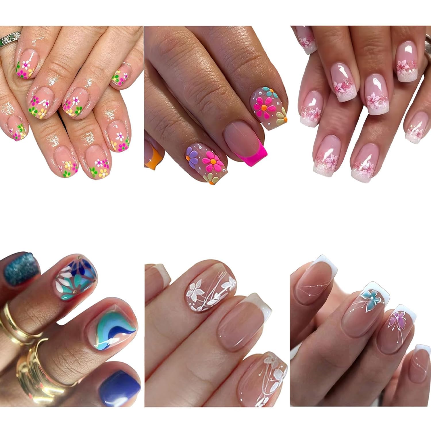 6 Packs (144 Pcs) Flowers Press on Nails Short Square Fake Nails Spring False Nails Press ons Floral Acrylic Nails Reusable Artificial Nail French Tip