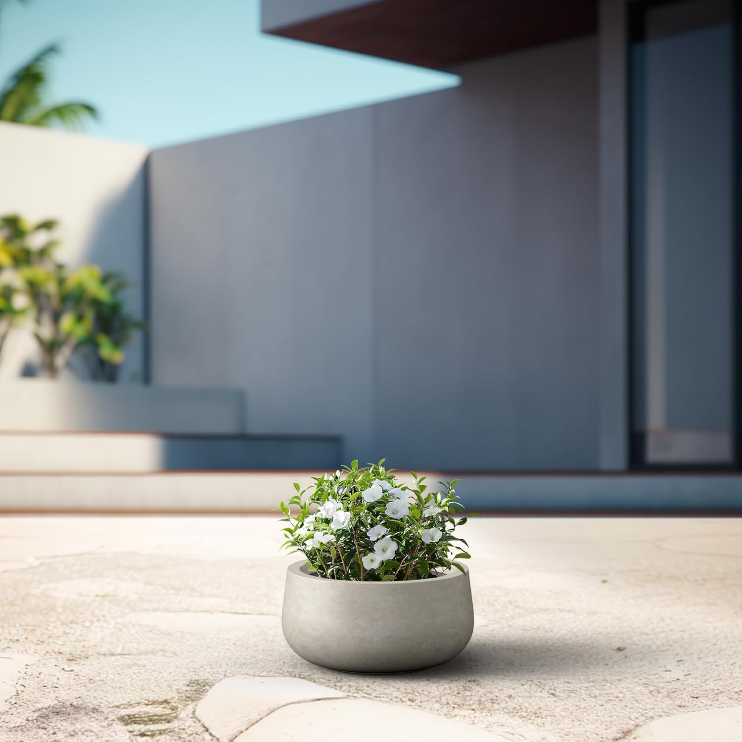 Kante 15.7" Dia Round Concrete Planter, Outdoor Indoor Garden Plant Pots with Drainage Hole and Rubber Plug, Modern Curvaceous Design, Weathered Concrete
