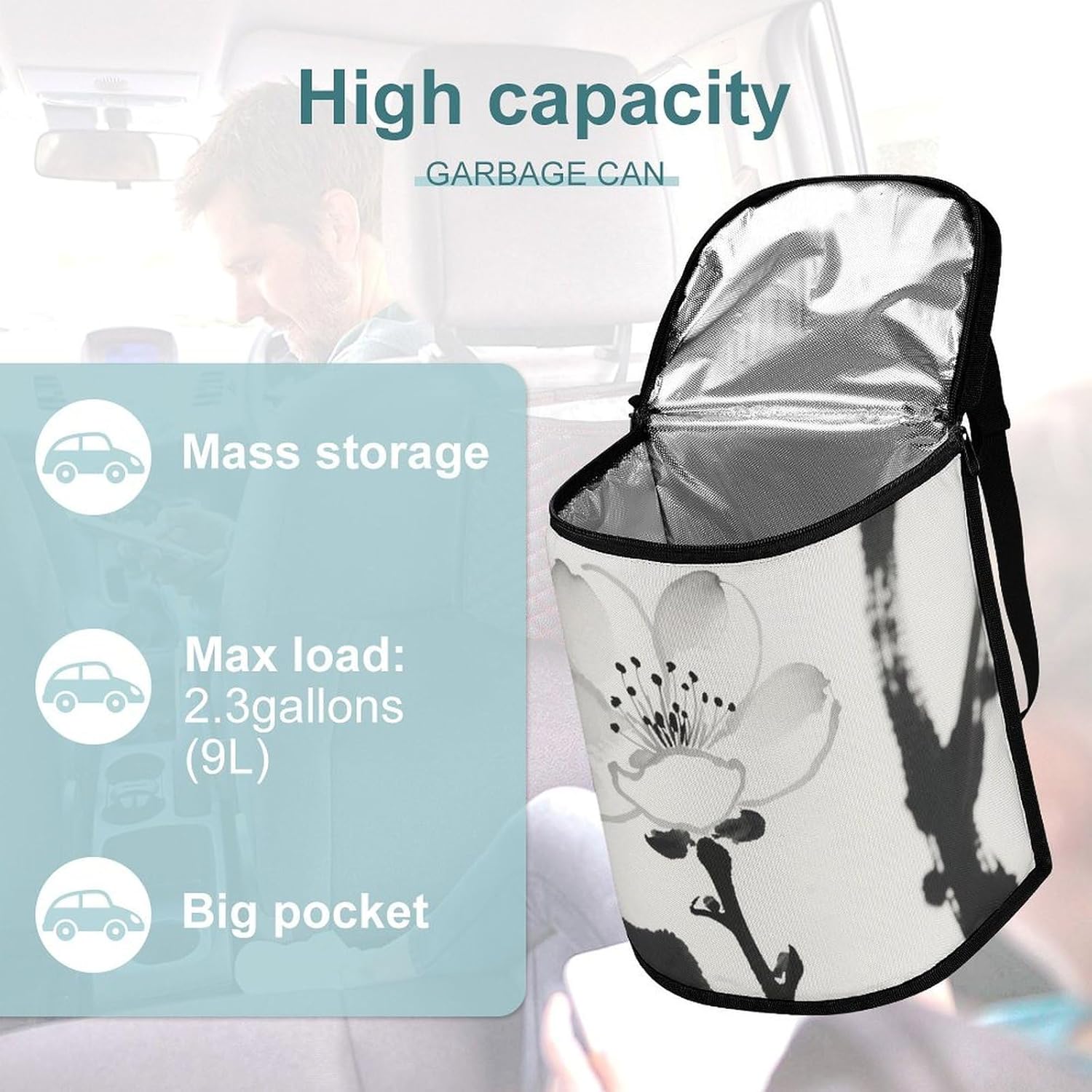 MUSM Leakproof Car Trash Can 2.5 Gallon, Durable Automotive Garbage Bag with Waterproof Liner, Ink-wash Painting Scenery Trash Bag for Car, Truck, RV & Bathroom