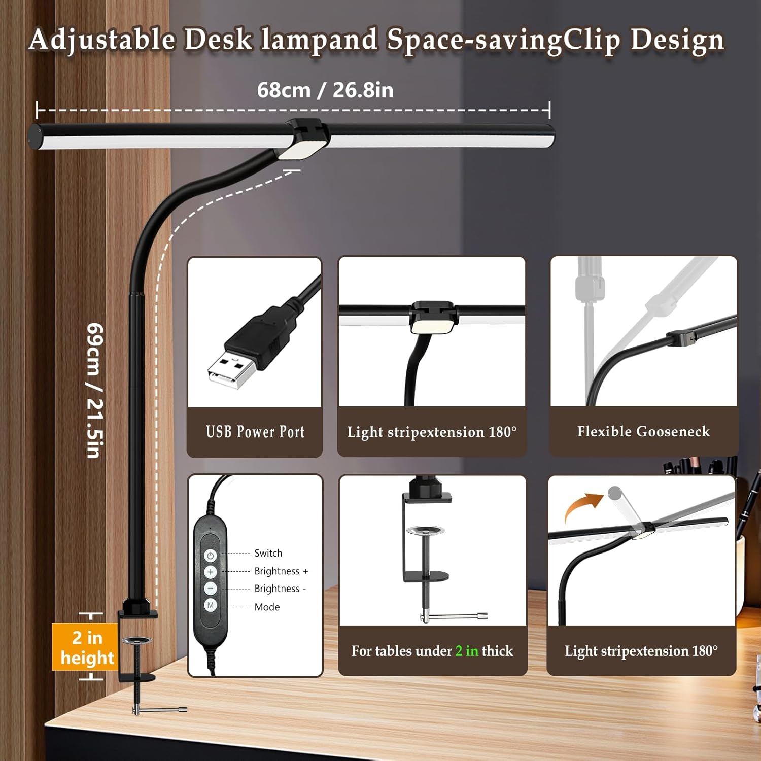 LED Desk Lamp for Home Office,Eye-Caring Desk Light with Reduced Blue Spectrum, Dual Screen Computer Monitor Table Light,30 Lighting Models,Adjustable Flexible Gooseneck Desk Lamp for Study