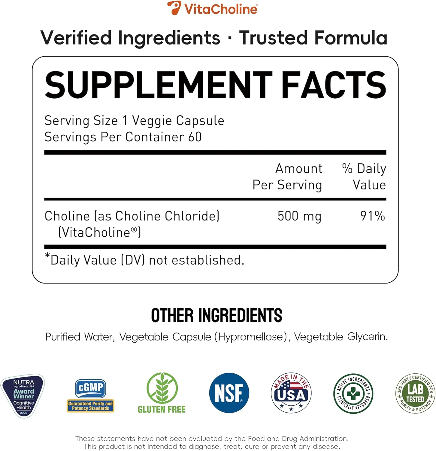UniHealth® Choline 500 mg with VitaCholine®, 60-Day Supply, Liquid Vegan Capsules for Prenatal Choline Supplement, Brain Health, Cognitive Performance & Liver Support, Non-GMO, Gluten-Free, USA Made