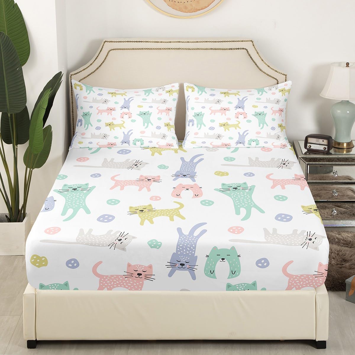 Feelyou Cat Bedding Set Queen Size, Cute Kitten Cat Fitted Sheet Set, 3D Print Pattern, Microfiber, Queen Size, Multi Color