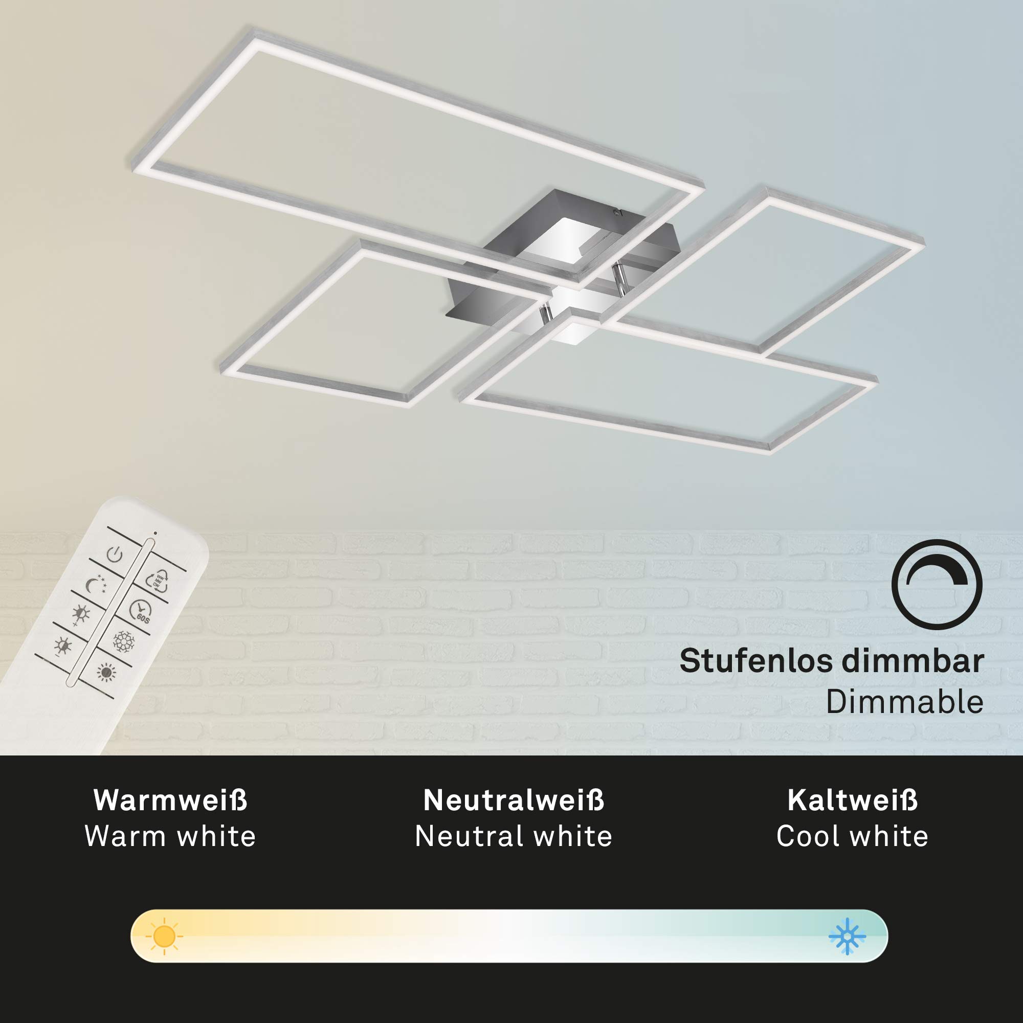 BRILONER - LED Deckenlampe mit Fernbedienung, dimmbar, einstellbar von warmweiß bis neutralweiß, LED Lampe, Deckenleuchte, Wohnzimmerlampe, Schlafzimmerlampe, Küchenlampe, 110x54x9,8 cm, Chrom-Alu