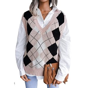 Womens Argyle Plaid Sweater Vest V Neck Sleeveless Preppy Style Knitwear
