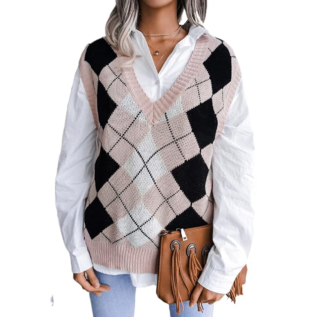 Womens Argyle Plaid Sweater Vest V Neck Sleeveless Preppy Style Knitwear