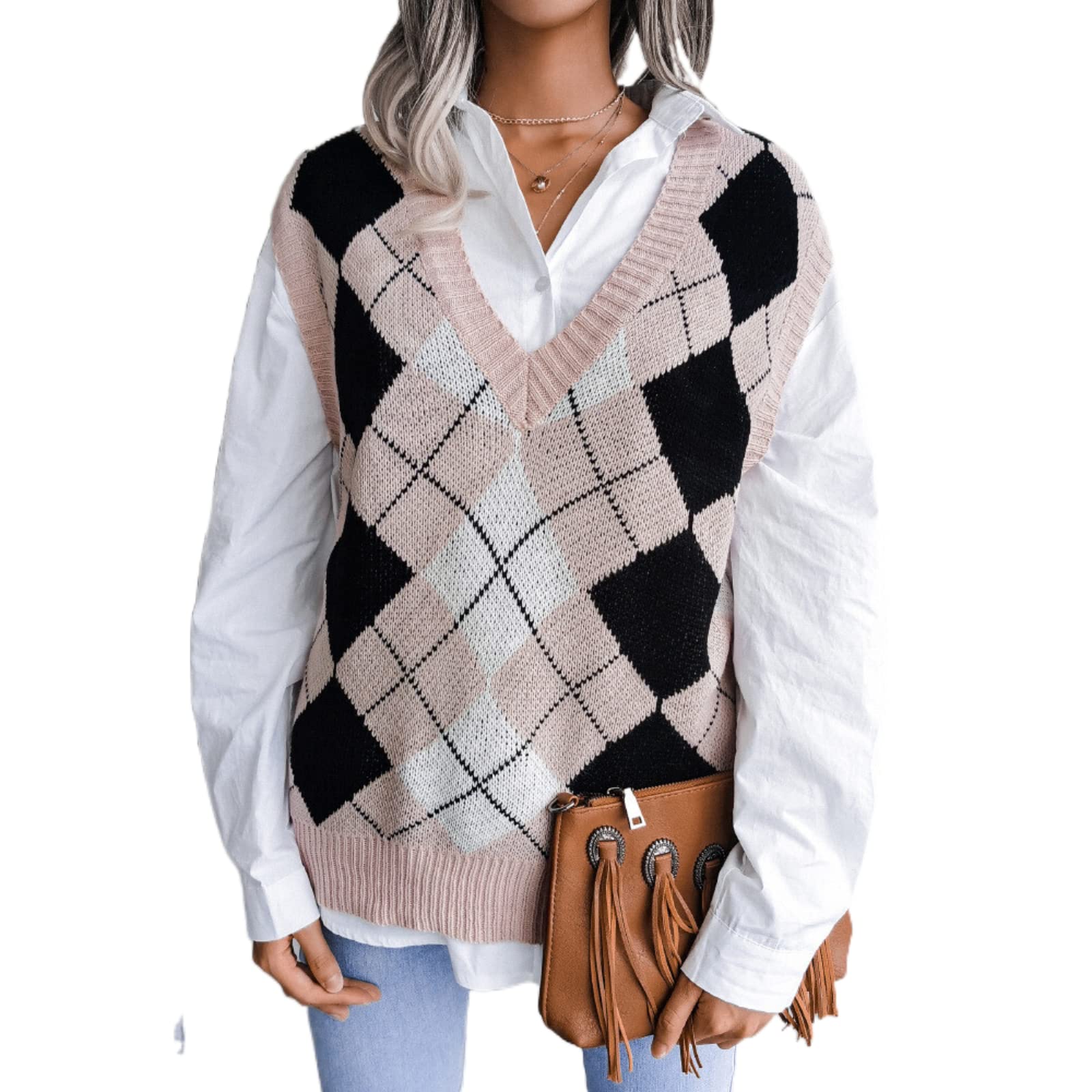 Womens Argyle Plaid Sweater Vest V Neck Sleeveless Preppy Style Knitwear