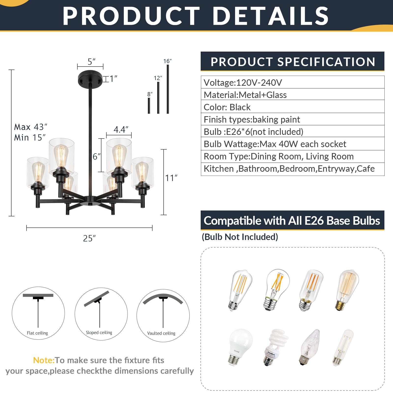 Black Chandelier, 6 Light Farmhouse Chandeliers for Dining Room Light Fixtures Over Table, Industrial Hanging Lighting with Clear Glass Shade for Living Room Kitchen Island Bathroom Entryway Bedroom - Additional View