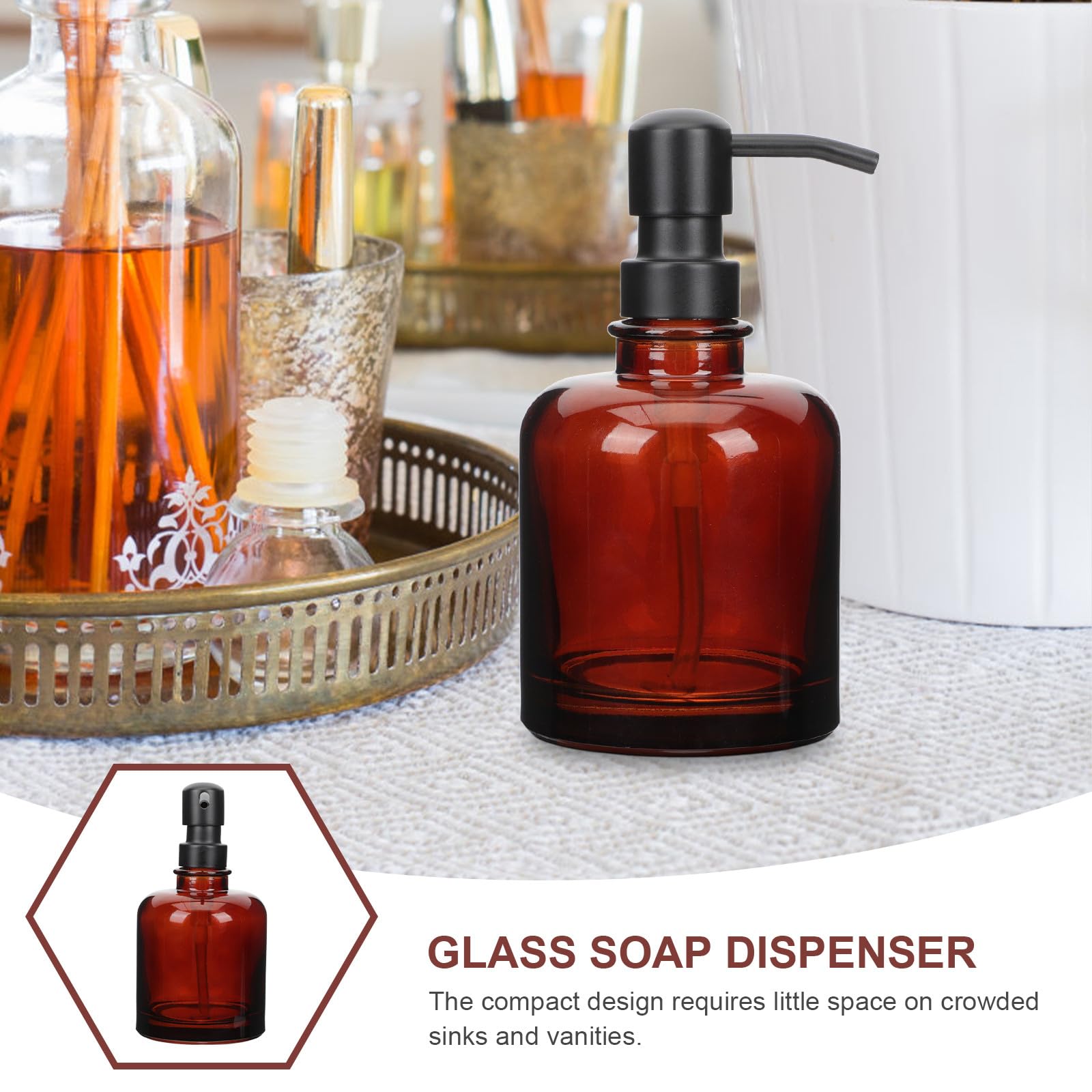 Gatuida Dispensador de Jabón Líquido de Acero Inoxidable 12 Oz con Bomba Negra y Botella Ámbar Dosificador para Champú y Loción Adecuado para Baño y Cocina Dispensador Recargable de