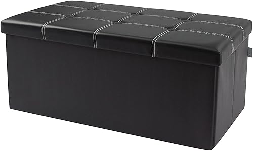 Miniatura 8 de xuperbonus Otomana plegable de almacenamiento de 30 pulgadas, otomana de cuero sintético marrón, banco de almacenamiento para dormitorio, sala de