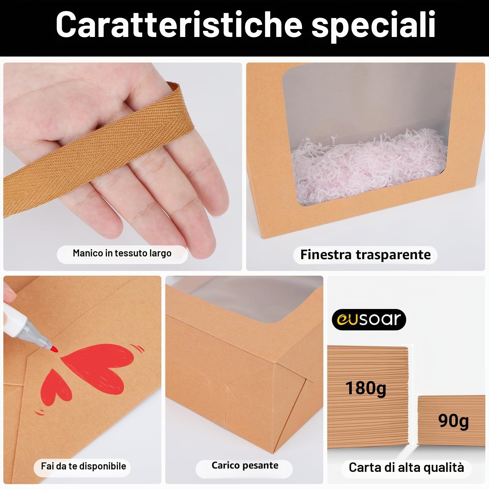 EUSOAR Kraft Buste Carta con Manico - 20 Pezzi 32x11.5x28cm L Sacchetti Regalo Compleanno - 180GSM Buste Regalo con Finestra - Grandi Gift Bags Marrone Shopper Sacchetto Carta