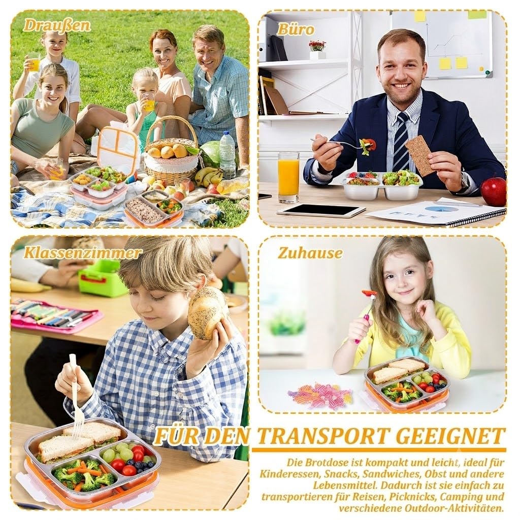 Lot de 4 boîtes à goûter en acier inoxydable. Snackbox étanche 600ml avec couvercle et 3 compartiments, boîte idéale pour école, bureau et pique-nique