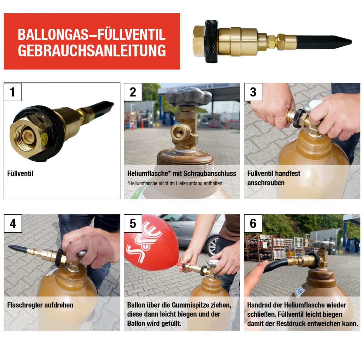 Ballonfüllventil für Partyballons inkl. Knickventil Helium-Ventil - Füllventil Ballongas-Ventil Ballon Gas