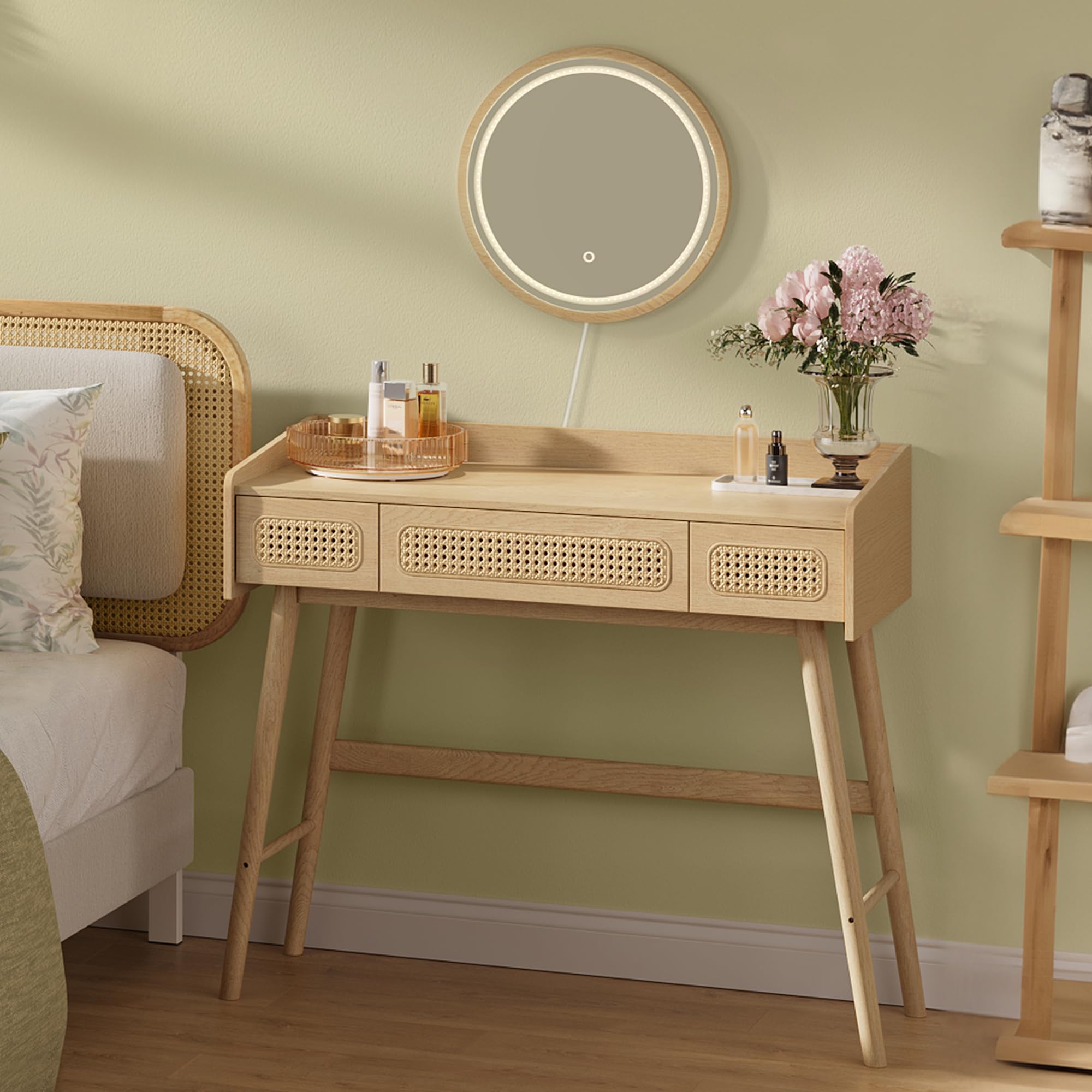 SONGMICS HOME Vanity Table with lighted mirror and three drawers in a bedroom setting.