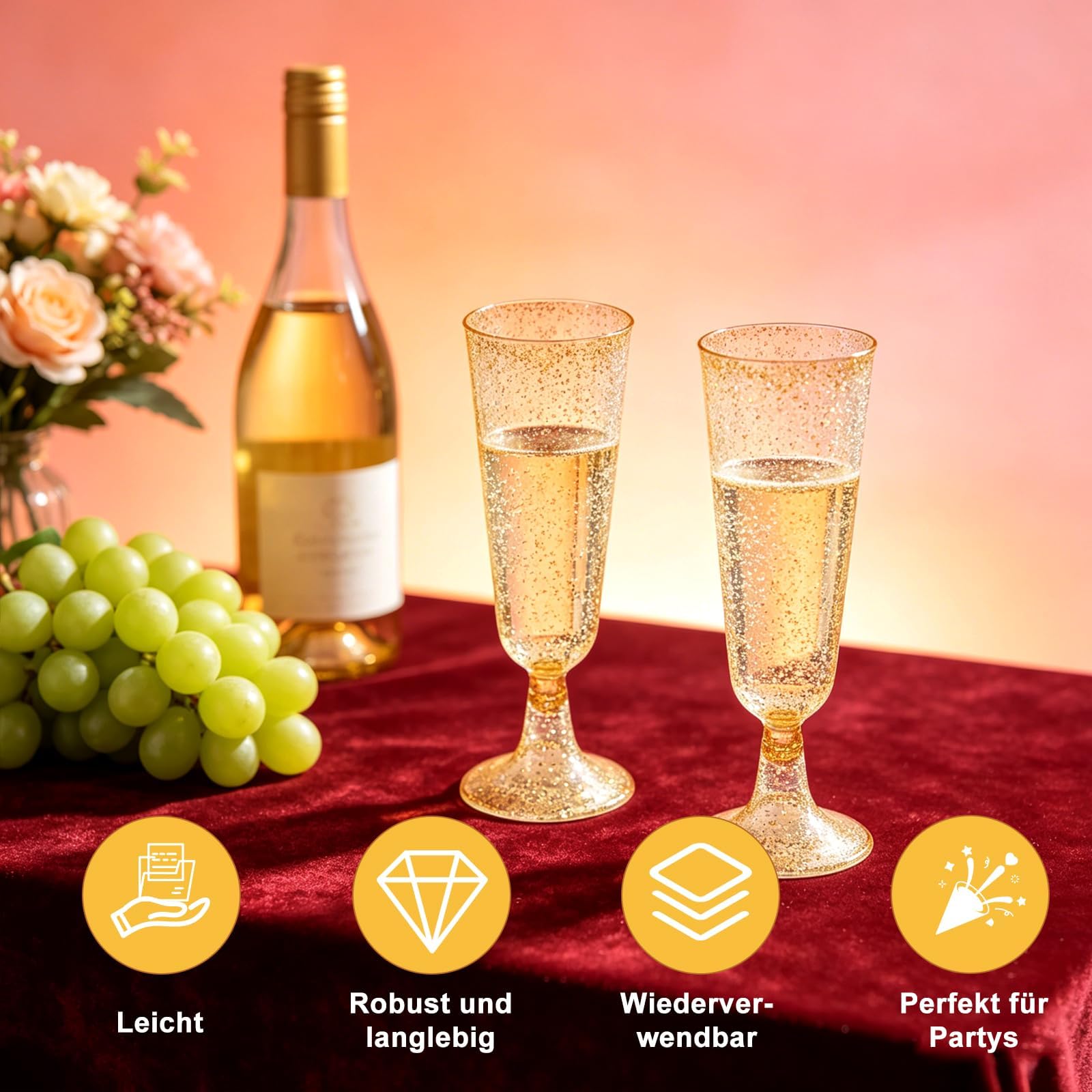 50 copas de champán reutilizables, con purpurina de oro rosa, 150 ml, para bodas, fiestas, picnics, fiestas al aire libre, bares