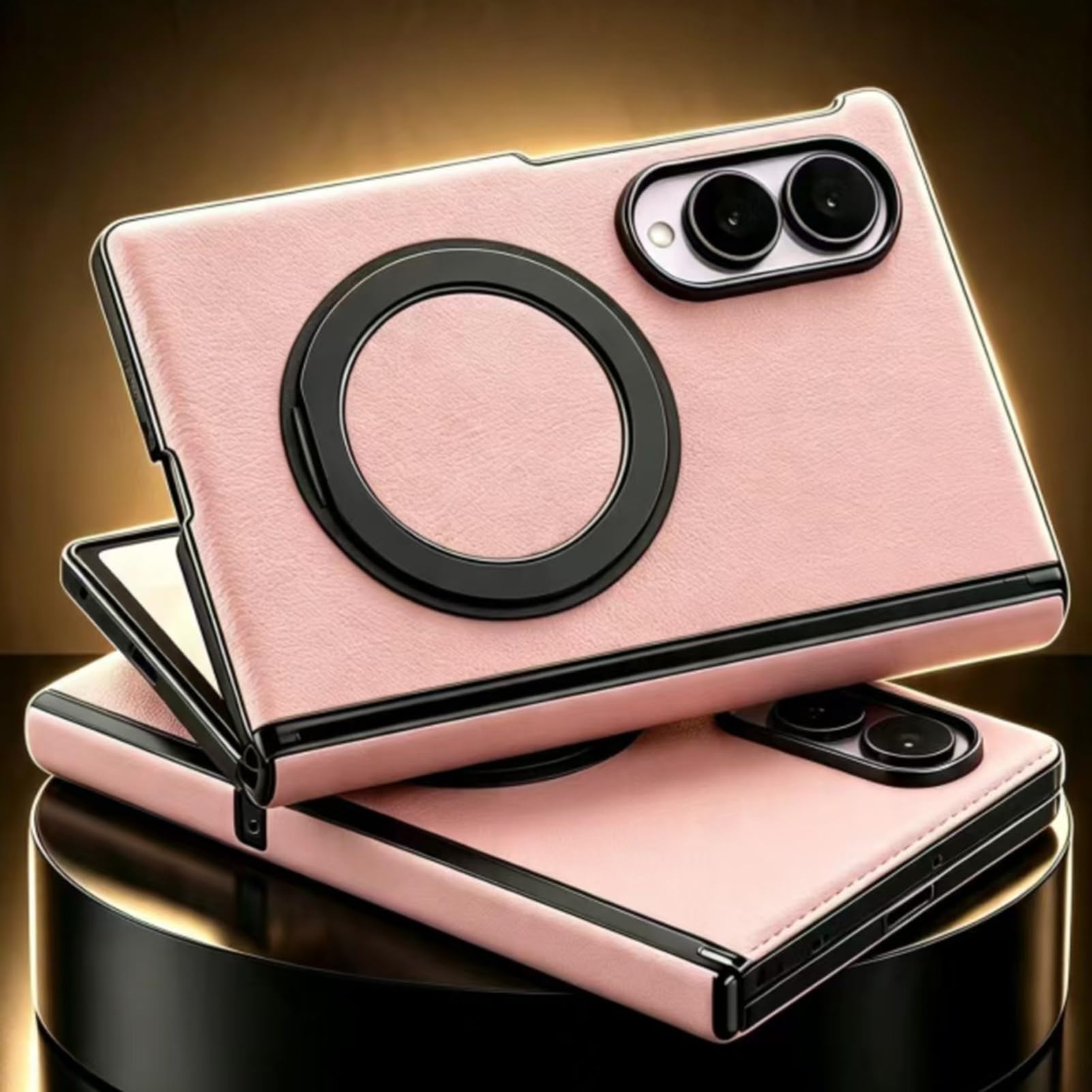 Etui z prawdziwej skóry do Samsung Galaxy Z Fold 8, ochrona ekranu z obrotowym pierścieniem magnetycznym, pełne owinięcie zawiasów, biznesowe, ręcznie wykonane, lekka, luksusowa obudowa (czarne)