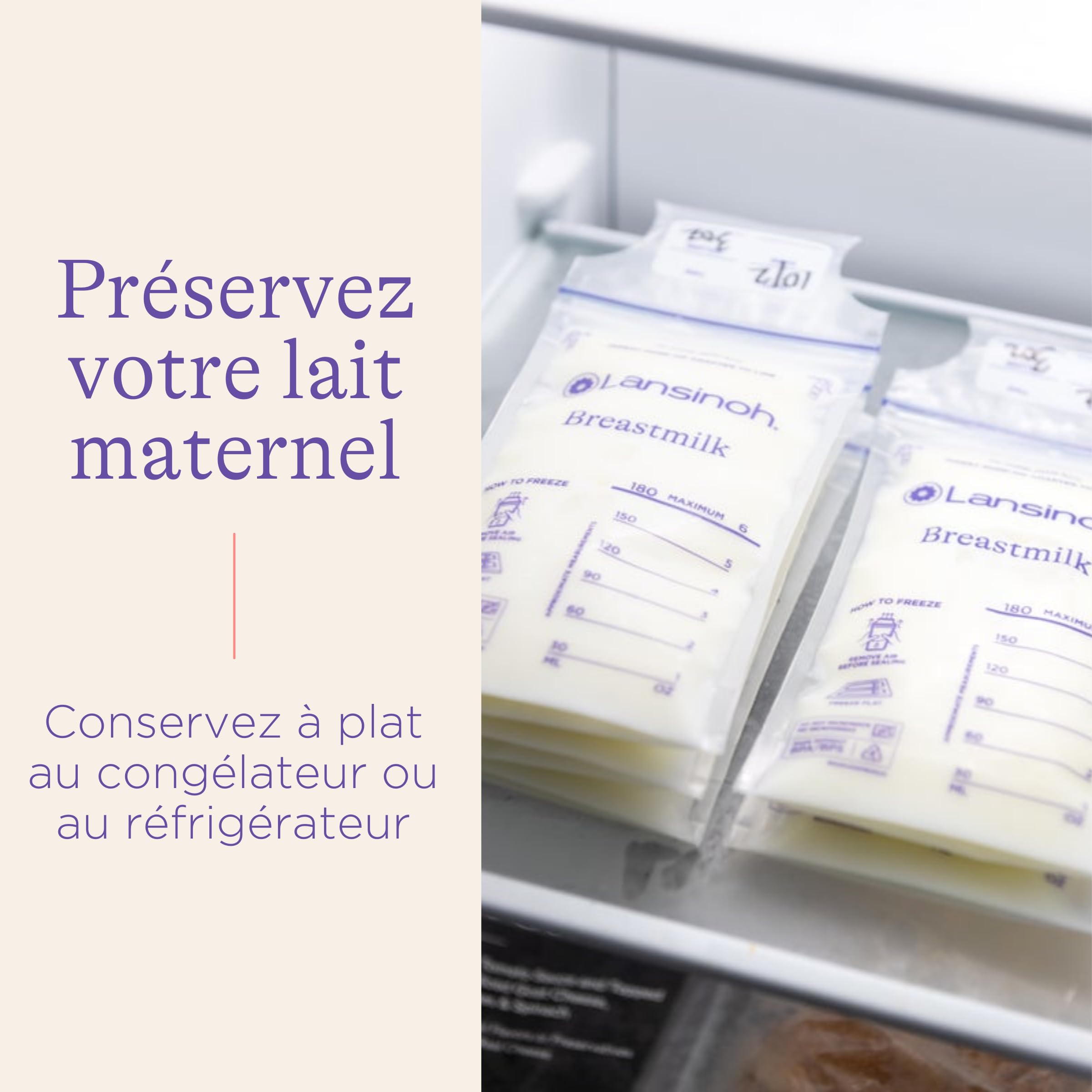 Lansinoh I Sachets Conservation Lait Maternel x50 - Pré-stérilisés - Double Zip Anti-Fuite - Congélation & Réchauffage - Sans BPA - Étiquettes & Graduation - Stockage sûr au frigo ou congélateur
