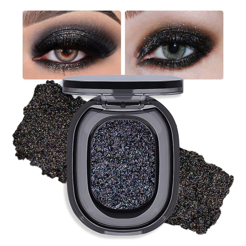 FeiCuiYun Black Glitter Eyeshadow Palette Makeup for Women, Glitter Shimmer Metallic Holographic Iridescent Single Monochrome Eyeshadow Halloween