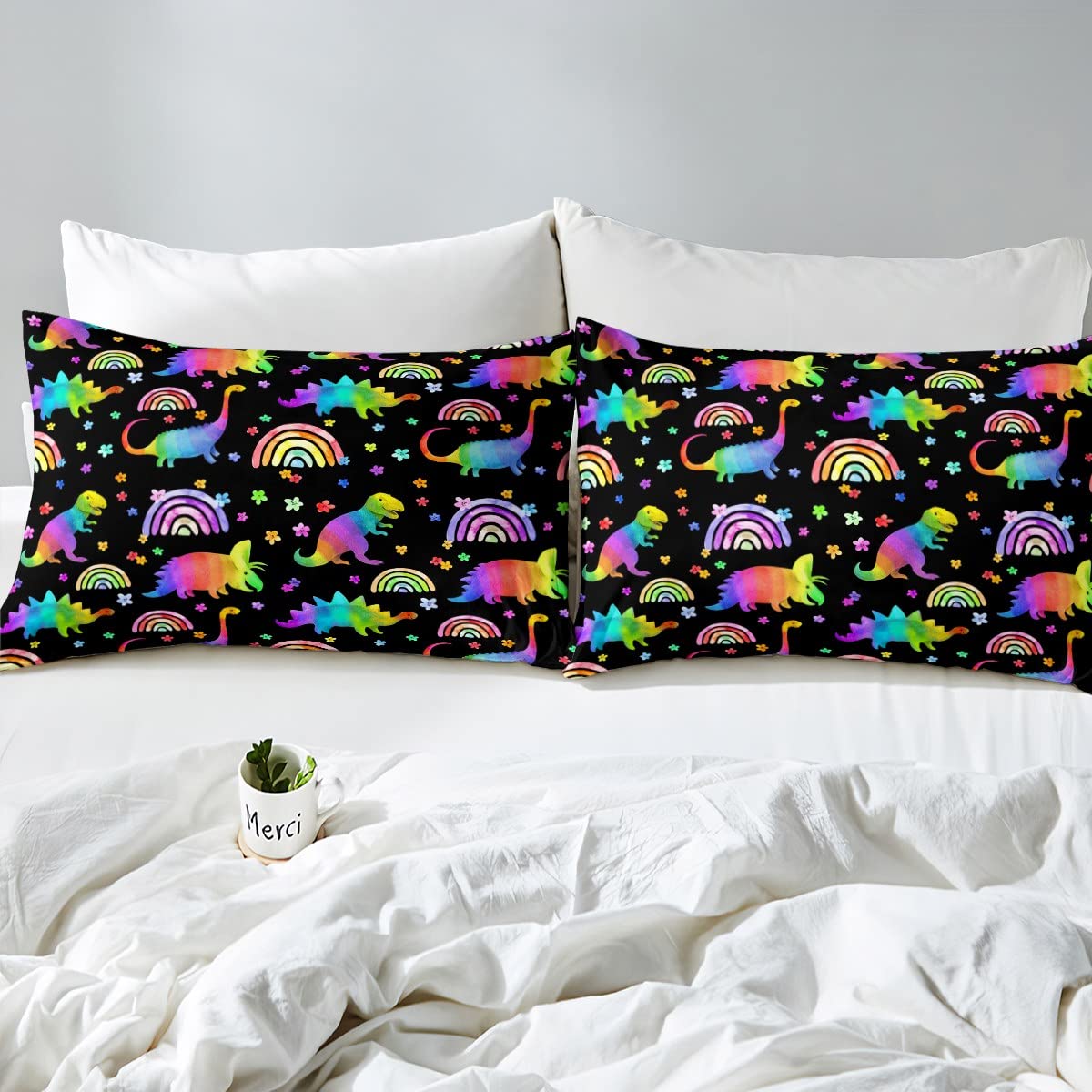 feelingyou Rainbow Dinosaur Duvet Cover Set Double Size,Cartoon Cute Dino Wild Animal Comforter Cover with 2 Pillowcases,Watercolor Flowers Floral Bedding Set for Girls Teens Present Soft Microfiber - Image 4