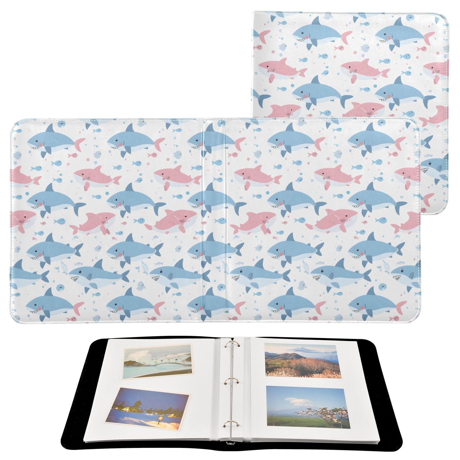 JIPONI Blue & Pink Whales Large Photo Album, DIY Leather Cover Scrapbook Albums for 4x6 5x7 6x8 Pictures, Self Adhesive Memory Book for Wedding, Baby, Family