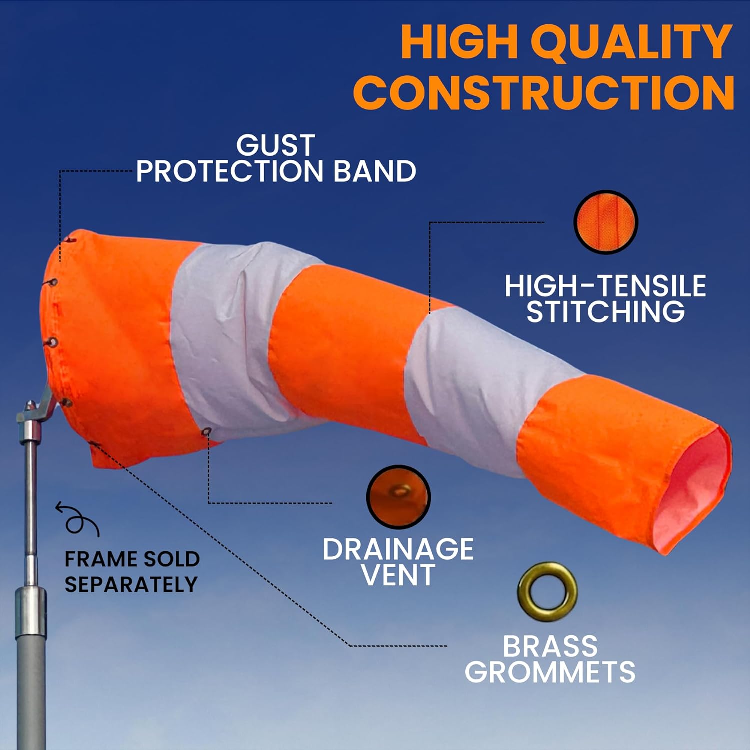 18"x72" Airport Windsock | Heavy Duty, All Weather, Waterproof, UV Fade Resistant, High Vis Fluorescent, Quad Stitched, Zip Ties Included, for Industrial, Ranch, and Agricultural Use | Orange & White