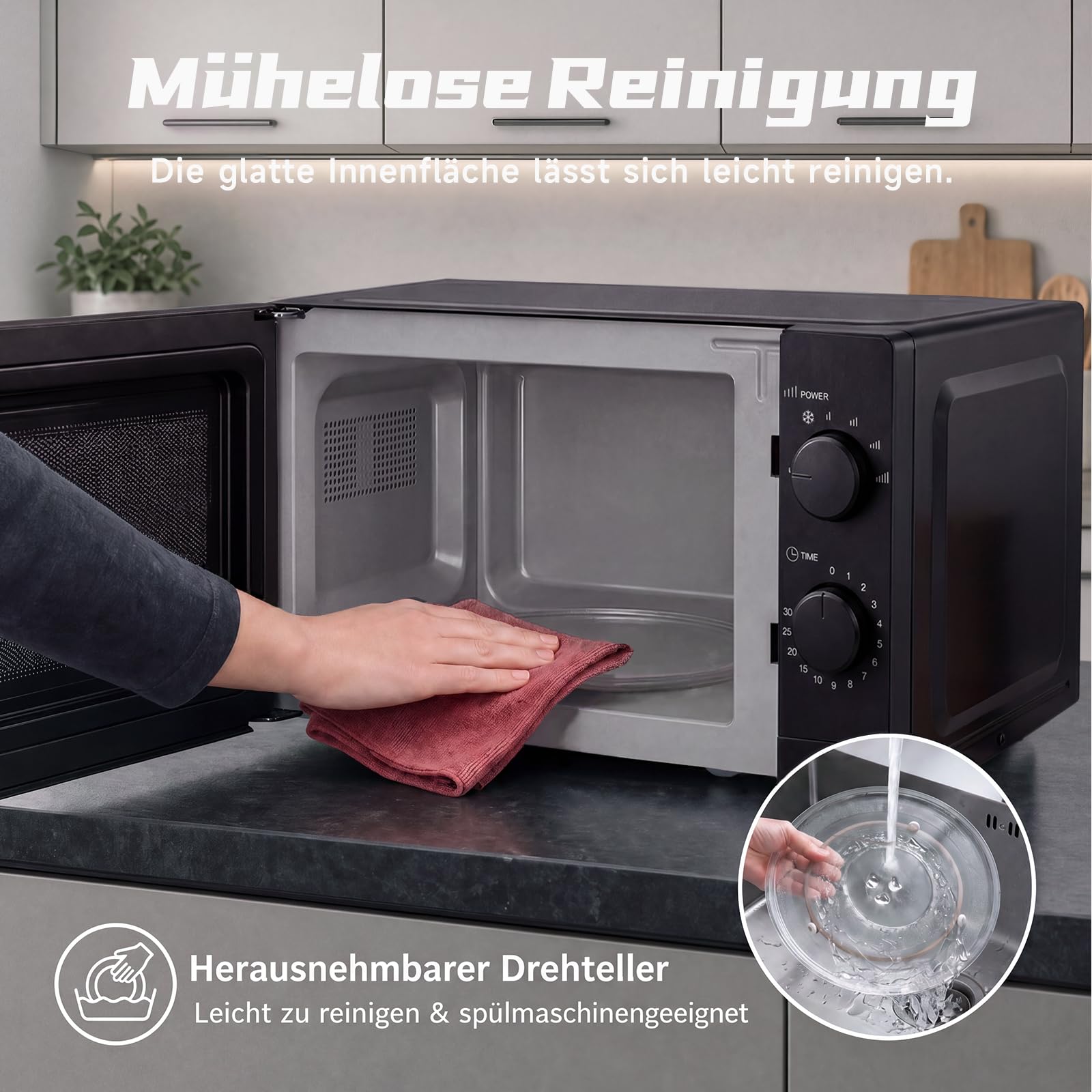 Galanz Mikrowelle 20L 700W, Solo Mikrowellengerät mit Drehregler, 6 Leistungsstufen, Drehteller aus Glas & Sichtfenster, einfache Bedienung, Schwarz, P70J20J-P5