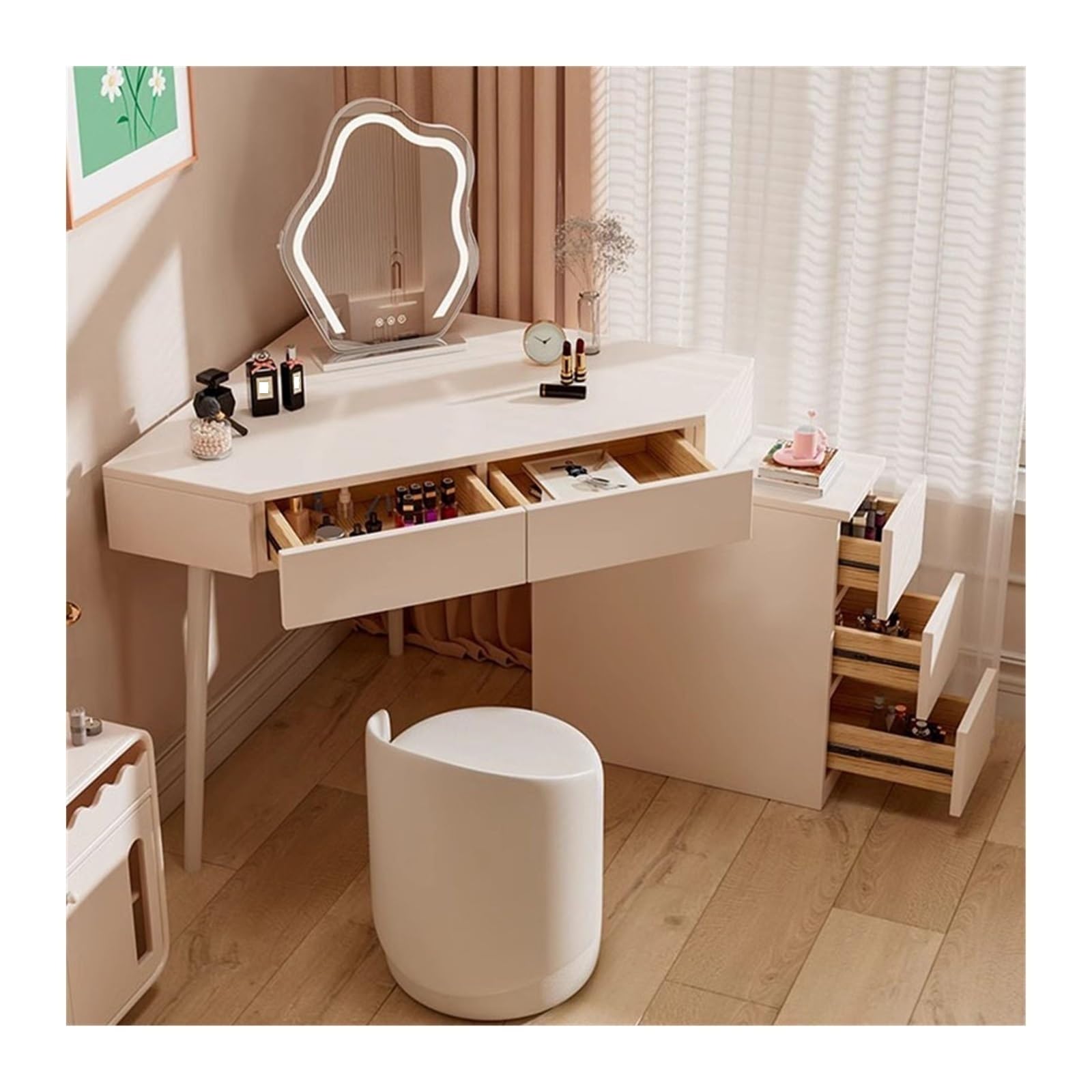 CGCSYZ Vanity Desk Modern Vanity Desk, White Corner Vanity Table, Small Space Makeup Desk with Mirror and 5 Drawers Makeup Dressing Table (80x80cm)