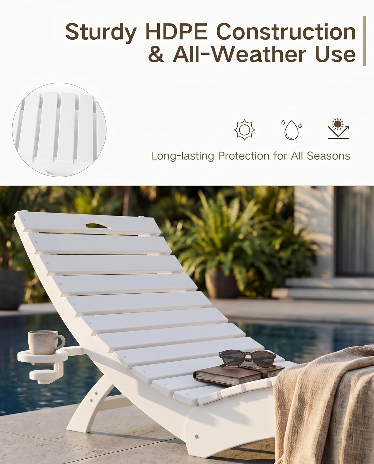 PLUUV HDPE Folding Pool Lounge Chairs Set of 4, Use in Pool Lounge Chairs up to 8-Inches of Water, Pre-Assembled Lounge Chair with Cup Holders, for Hotel, Resort, Poolside, Sun Decks -White