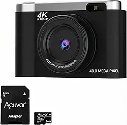 Acuvar Câmera Digital 4K Para Fotografia Com Foco Automático, Vlog De 48 Mp No Youtube, Cartão Sd 64 Gb, Tela Flip 2,8", Zoom Compacto Viagem 8X, Flash, Antivibração, Bateria Recarregável