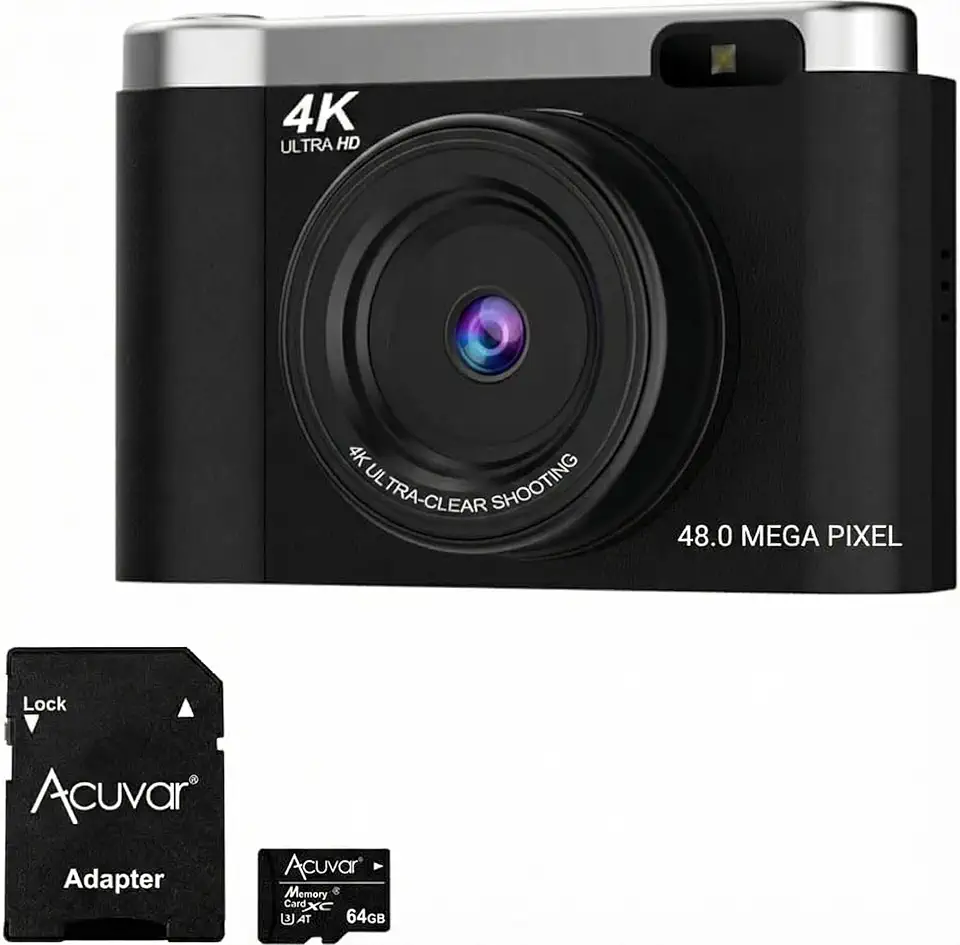 Acuvar Câmera Digital 4K Para Fotografia Com Foco Automático, Vlog De 48 Mp No Youtube, Cartão Sd 64 Gb, Tela Flip 2,8", Zoom Compacto Viagem 8X, Flash, Antivibração, Bateria Recarregável