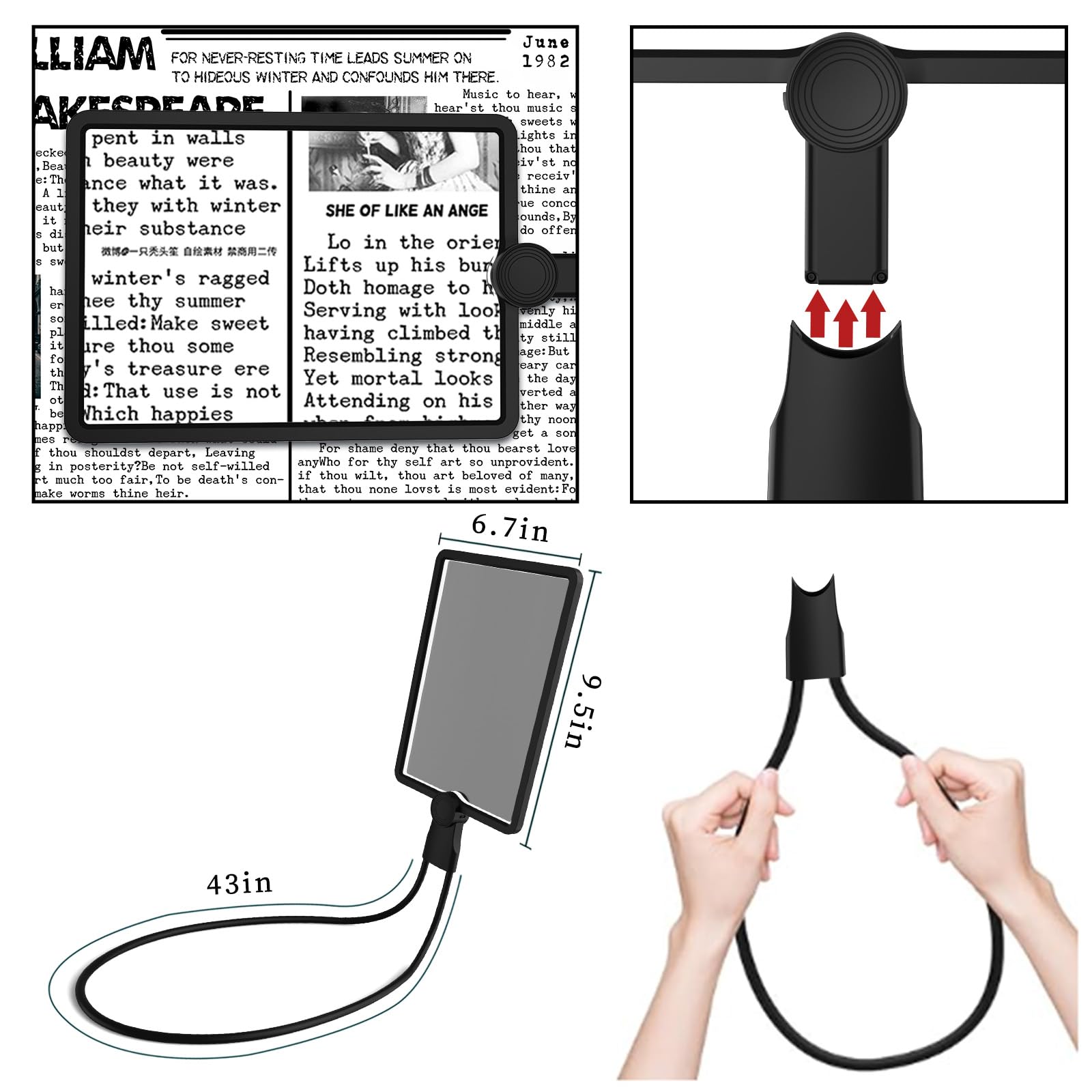 Hands Free 9.4"x6.7" Full-Page 5X Magnifying Glass for Reading, Large Lighted Magnifier with 50 LED Lights, Flexible Gooseneck Magnifier for Neck Wear Repair Sewing Low Vision Elderly - Image 2