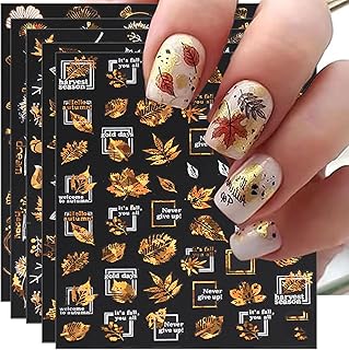 Fall Nail Art Stickers, Thanksgiving Day Golden White Nail Decals, 3D Autumn Self-Adhesive Maple for DIY Nail Supplies Decoration (9 Sheets)
