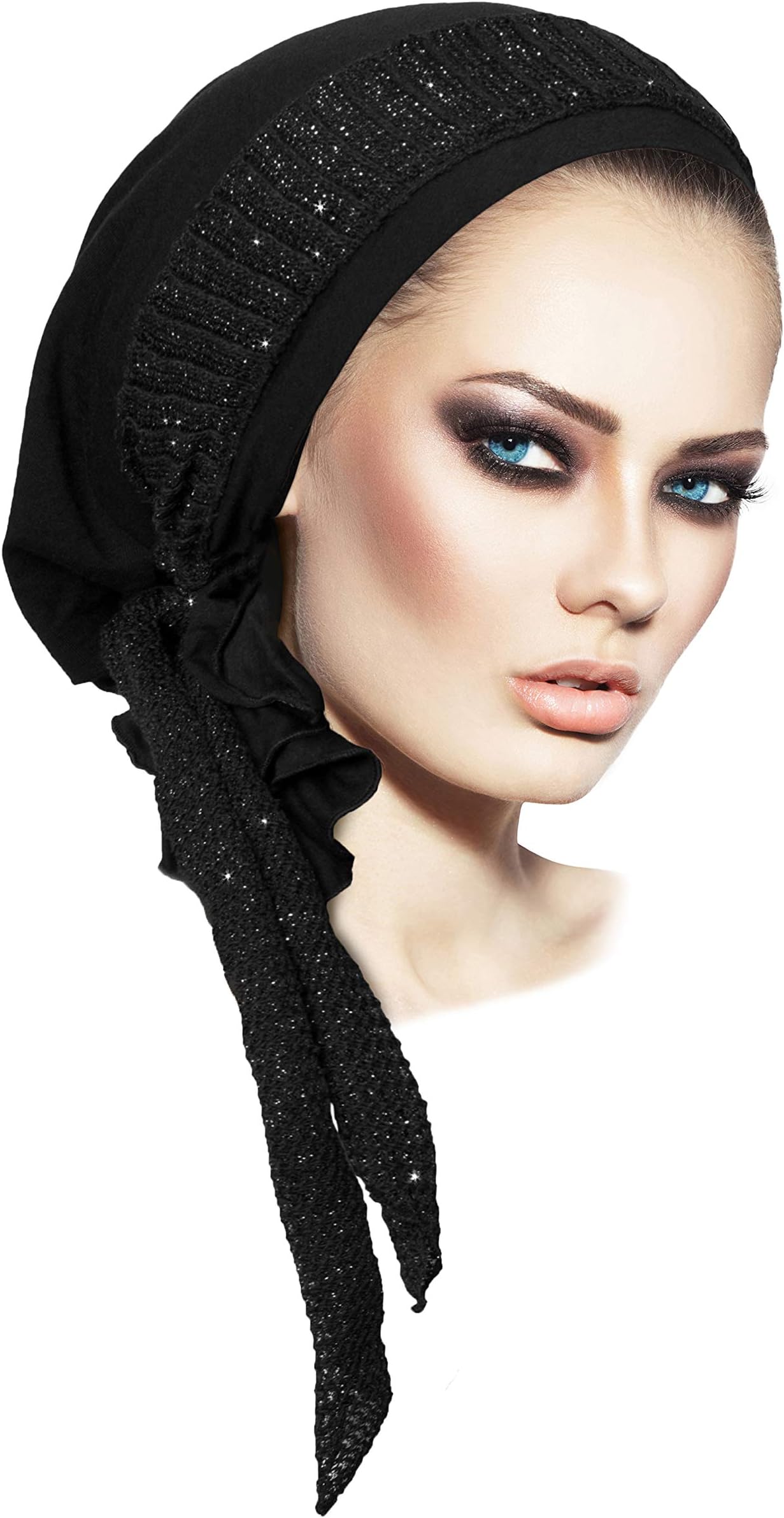 Black Headscarf Pre tied Tichel Bandana Headcover for Women Soft Cotton Head wear (Black silver knit wrap)