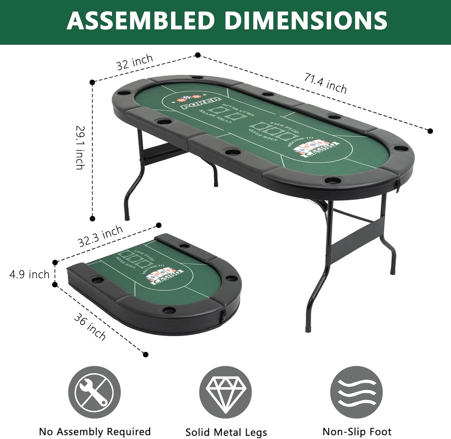 8 Player Folding Poker Tables, Texas Holdem Table with Padded Rails & Cup Holders, Foldable Casino Poker Table, Oval Blackjack Tables Foldable Leisure (Green)