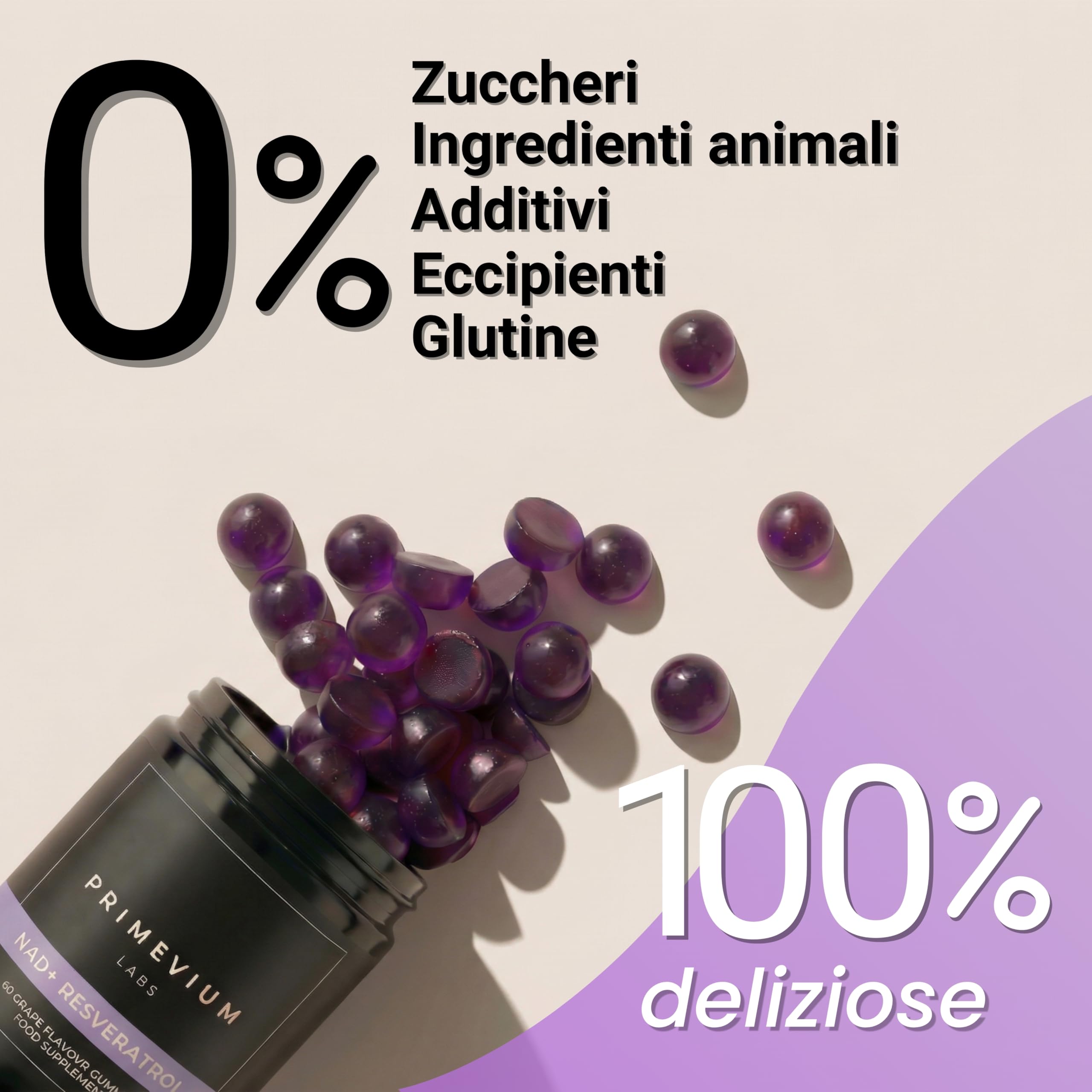 NAD+ con Resveratrolo e Quercetina - 60 Gummies Vegane Senza Zucchero - 850 mg per dose - Formula ad Alta Potenza - Integratore per Energia, Vitalità e Longevità - Primevium Labs