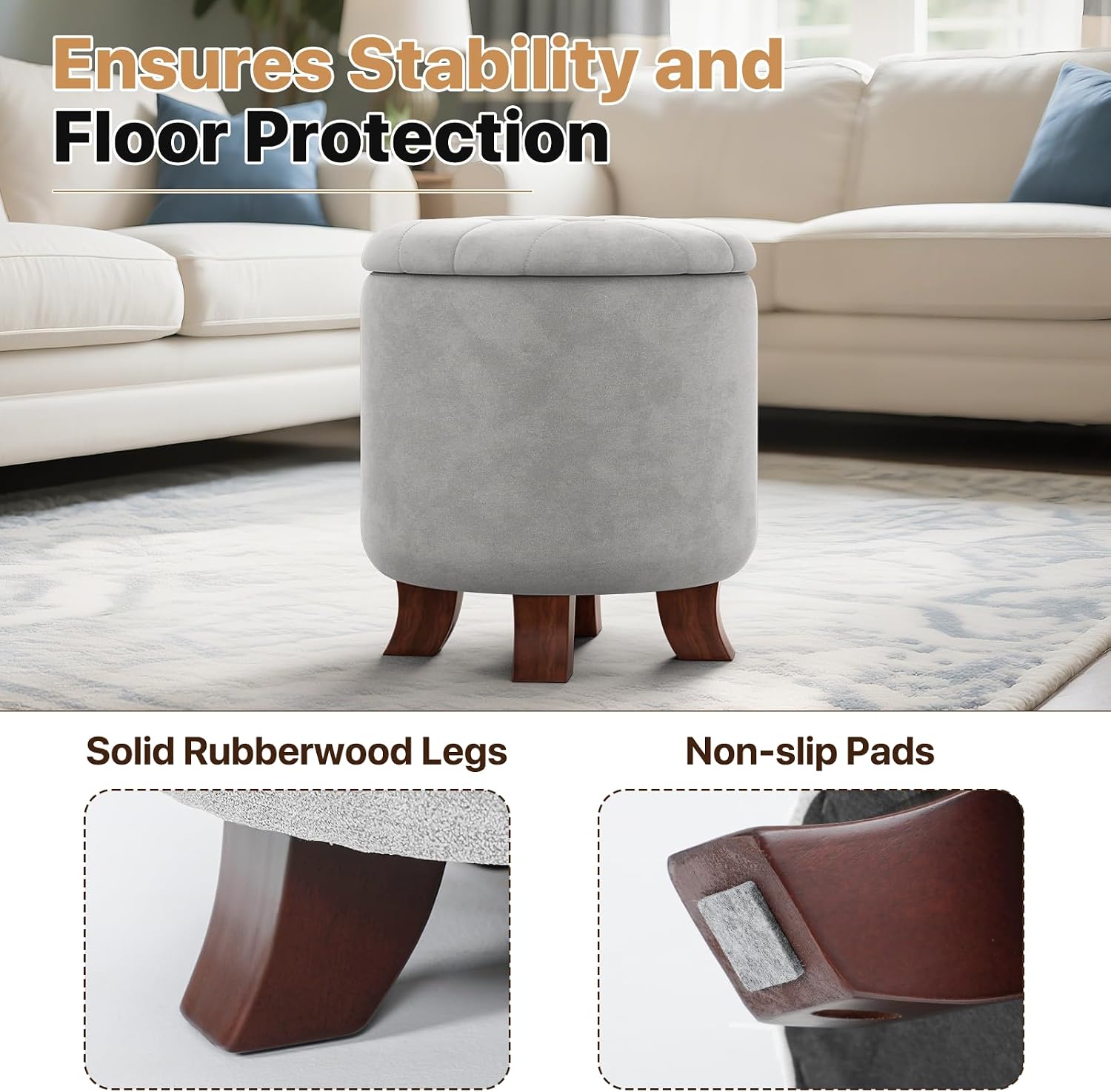 Magshion Round Ottoman, Ottoman with Storage, 15.5 Dia. x 17 H Inches Foot Rest Stool with Legs for Bedroom, Living Room, Decorative Home Furniture, Light Gray
