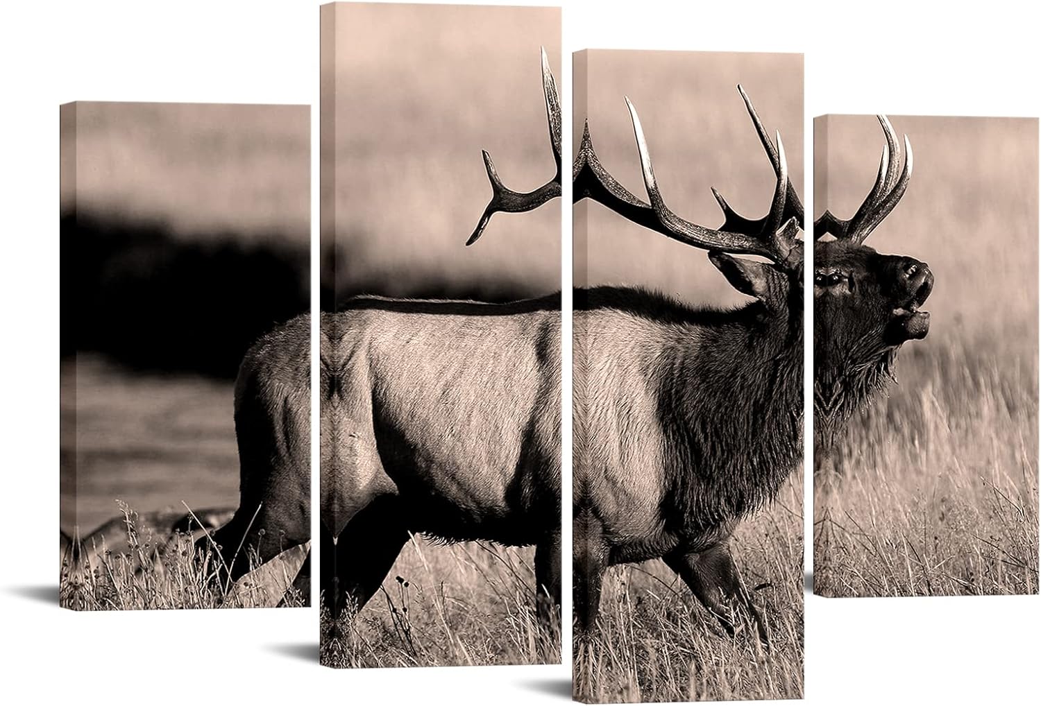 LevvArts Deer Pictures Wall Decor Sepia Brown Bull Elk Canvas Art Painting Farmhouse Living Room Kitchen Decor Vintage Wildlife Animal Artwork Ready to Hang