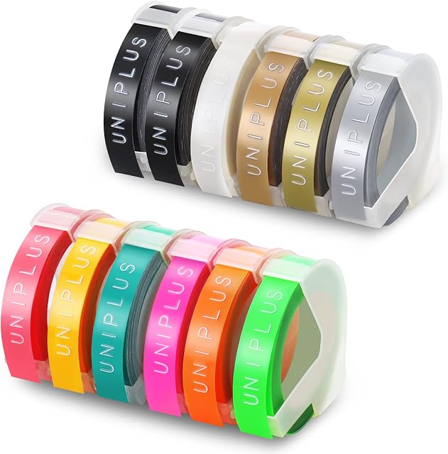 UniPlus 12x Compatible Omega Label Tape Replacement for Dymo Embossing Tapes S0717930 S0717900 9mm x 3m Self-Adhesive 3D Label Tape for Dymo Omega Junior Motex E-101 E-303 Label Maker
