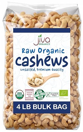 Organic Raw Cashews 4 LB LARGE Bag, Gluten-Free, Non-GMO, Vegan, Whole Raw Nuts, Unsalted, Unroasted, Crunchy & Healthy Snack, For Baking & Cooking by Jiva Organics