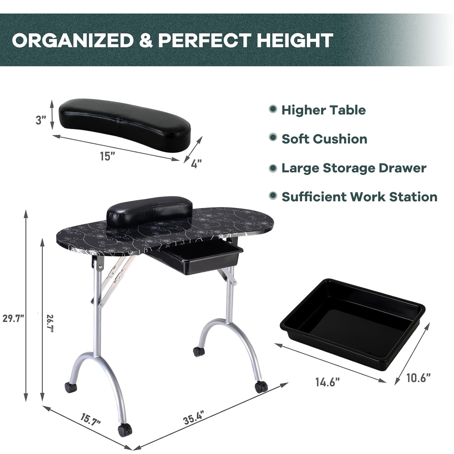 Nail Table- WELLHUT Portable Manicure Tables with Carrying Bag, Salon Station Foldable Nail Desk with Large Drawer, Wrist Rest, Lockable Wheels for Home Spa Beauty Salon Mobile Nail Tech