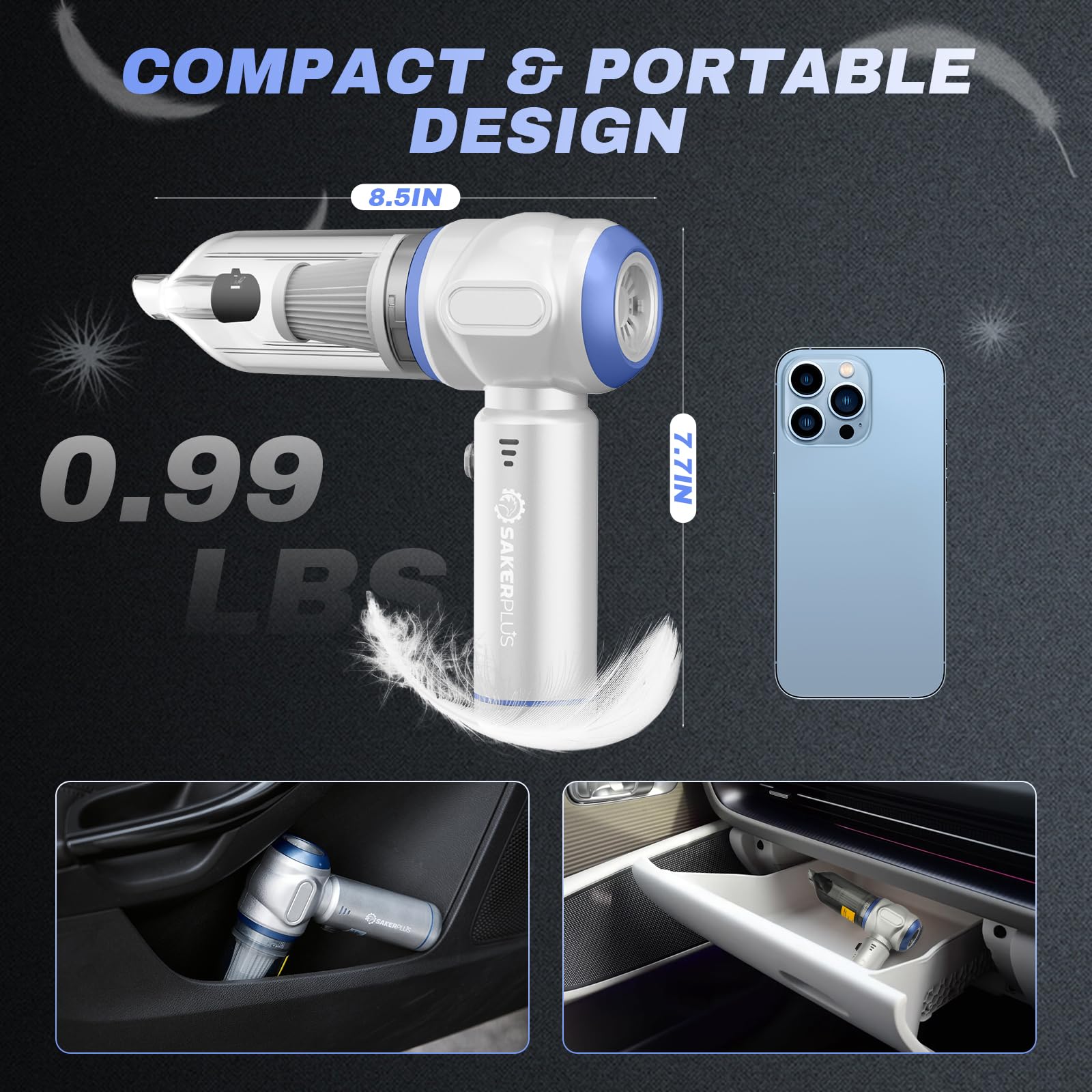 SakerPlus Aspiradora portátil inalámbrica 3 en 1 de mano mini aspiradora de mano 17500PA aspiradora de mano de alta potencia, plumero de aire, soplado, inflado, desinflado, perfecto para coche