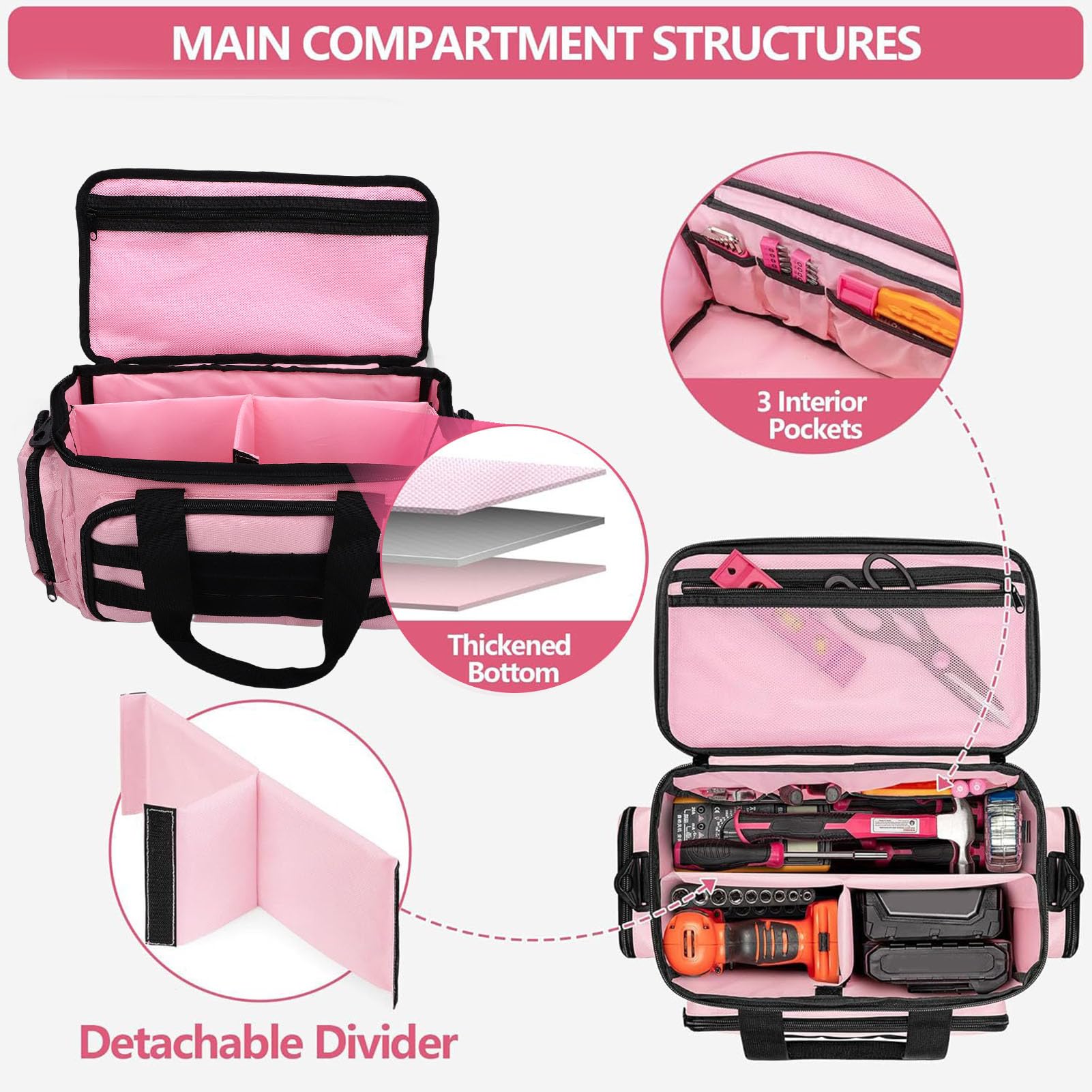 Sac à Outils Rose 33cm, Ouverture Large Nylon Léger | Compartiments Multi-usages pour Outils, Accès Rapide sans Fouiller, Bandoulière Réglable Confortable, Pour Électriciens et Pr