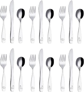 Exzact Children's Flatware Kids Silverware 18pcs Toddler Utensils - 6 x Forks, 6 x Knives, 6 x Spoons, Dishwasher Safe, 2 Year+ Engraved Dinosaurs
