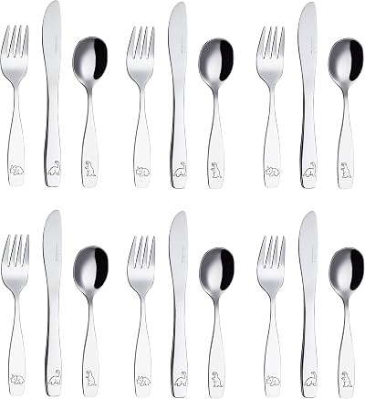 'Exzact Exzact Children's Flatware Kids Silverware 18pcs/Toddler Utensils - 6 x Forks, 6 x Safe Dinner Knives, 6 x Dinner Spoons - Engraved Dinosaurs