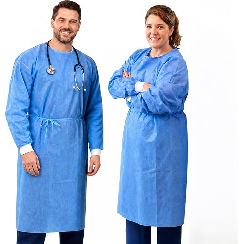 Disposable PPE Isolation Medical Gowns 100-Pack – Level 2, Full Back Coverage, Double Tie Closure, SMS 35g Material, Knit Cuffs, Unisex, Professional Blue for Healthcare & Lab Use