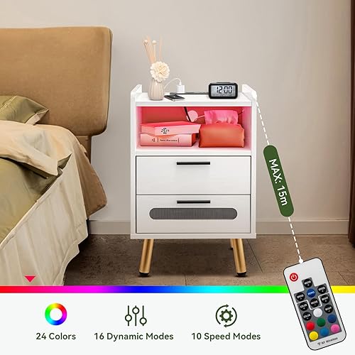 Miniatura 7 de M MOKENEYE Mesita de noche LED con estación de carga, mesita de noche con 2 cajones, mesa auxiliar con puertos y tomas USBC, moderna mesita de noche