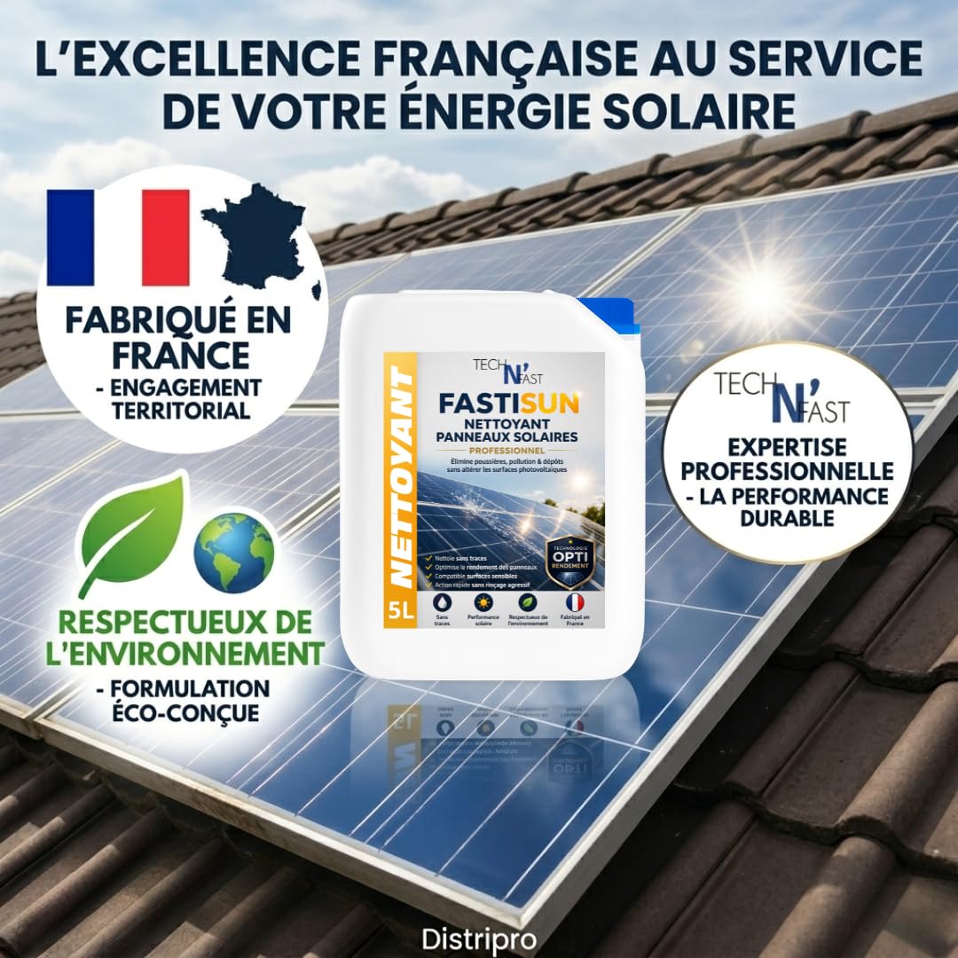 FASTISUN Nettoyant Panneaux Solaires 5L – Nettoyage Photovoltaïque Professionnel sans Traces – Optimise le Rendement – Compatible Surfaces Sensibles – Fabriqué en France
