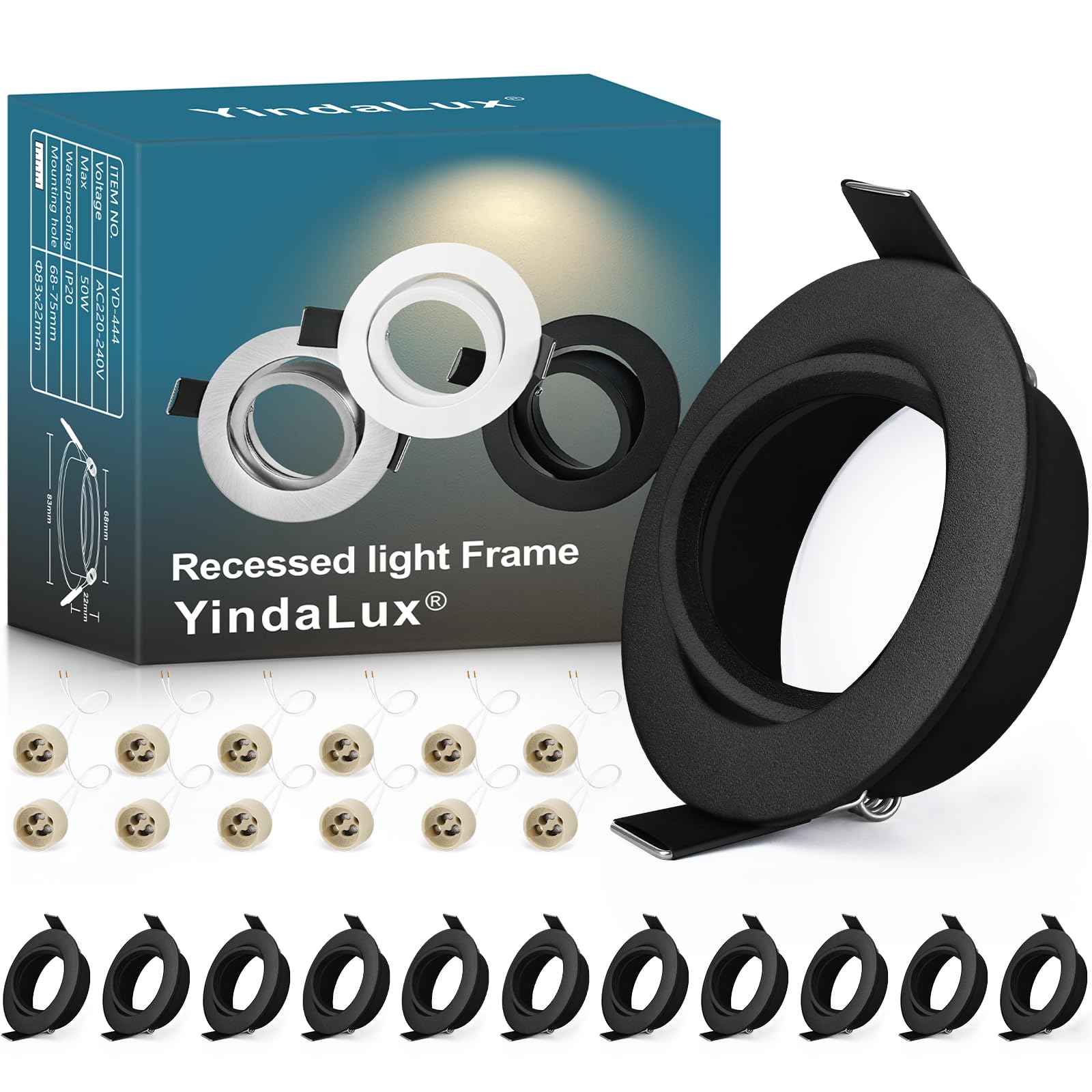 YindaLux 12 Pack GU10 Downlight Bezels Black, 45° Adjustable Aluminium Recessed Spotlight Frames, 230V with GU10 Holder, Ø84mm, Cut-Out 68-75mm, Round Ceiling Spots, No Bulb