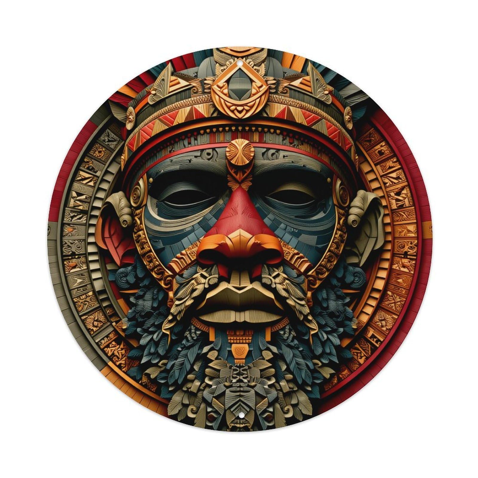 Intricate Tribal Mask Design Pattern Round Tin Sign Vintage Metal Poster, Home Bar Garage Man Cave Cafe Indoor & Outdoor Wall Decoration 8x8Inches